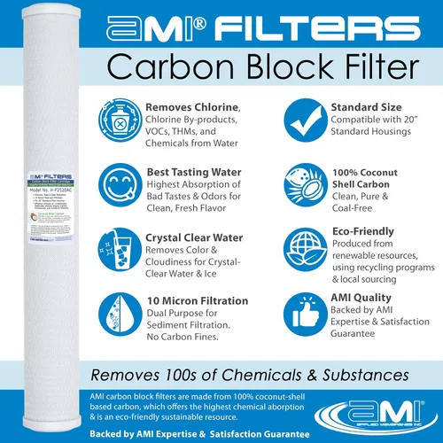 Miniatura 4 de Applied Membranes Inc. Cartucho de filtro de bloque de carbono de 20 x 2.5 pulgadas Reducción de cloro, sabor y olor Clasificación de filtración