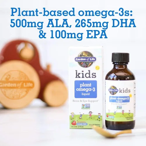 Miniatura 3 de Garden of Life Kids Plant Omega-3 Liquid, fresa - Soporte vegano para el cerebro y los ojos para niños, suplemento de ALA, DHA y EPA para niños a