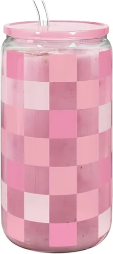 Miniatura 20 de SANDJEST Vaso de Vidrio con Margaritas en Patrón de Tablero de Ajedrez, Taza Floral a Cuadros con Tapa y Pajita, Tazas Estéticas de Café Helado