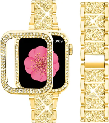 Miniatura 9 de SUPOIX - Correa compatible con Apple Watch de 1.49 pulgadas + funda, joyería para mujer con diamantes brillantes, bandas de metal y 2