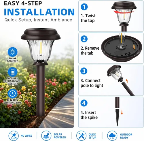 Miniatura 5 de DERAYSION Solar Lights Outdoor, 6 Pack Brushed Stainless Steel Glass Solar Pathway Lights, Auto On/Off Long-Lasting Outdoor Solar Lights for Garden