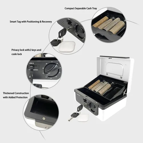 Miniatura 4 de Caja de efectivo con cerradura y bandeja, con sistema de seguimiento y doble bloqueo, caja de dinero para efectivo, cerradura segura con llave