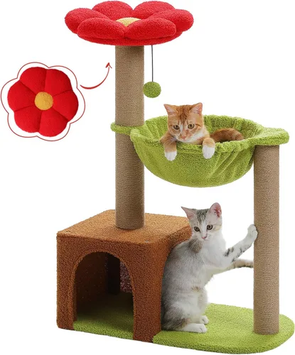MUTTROS Árbol para gatos con flores con postes rascadores de sisal, linda torre para gatos de 35" con hamaca verde grande para gatos pequeños de