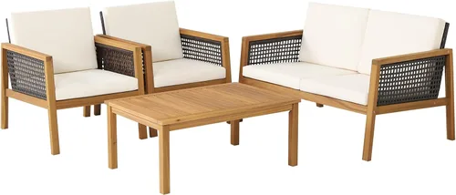 Miniatura 9 de COSTWAY Juego de muebles de mimbre para patio, sofá de mimbre para exteriores con marco de madera de acacia, mesa auxiliar y cojines