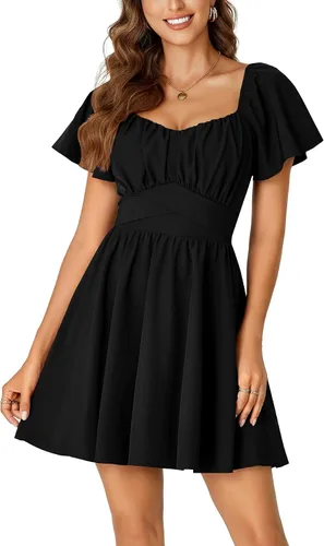 Miniatura 2 de Rooscier Minivestido acampanado de manga corta con volantes, cuello cuadrado, envolvente y espalda anudada para mujer
