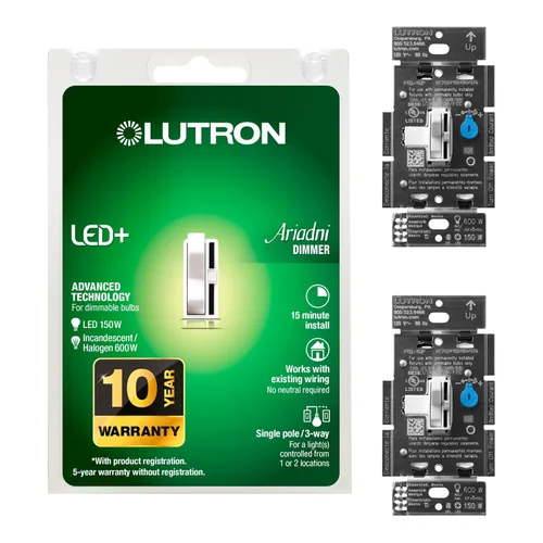Miniatura 14 de Lutron Ariadni/Toggler LED+ Interruptor Regulador de Luz para LED Regulable, Halógeno e Incandescente Interruptor Dimmer, 150W, Unipolar/3-Vías