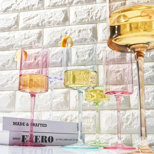 Miniatura 3 de Khen Juego de 6 copas de vino de cristal cuadradas de colores, regalo para ella, él, amigo, tamaño grande de 12 onzas, vasos altos