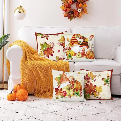 Miniatura 2 de Bonhause Juego de 4 fundas de almohada de gnomos de otoño de 18 x 18 pulgadas, diseño de calabaza y hojas de arce otoñales, fundas de almohada