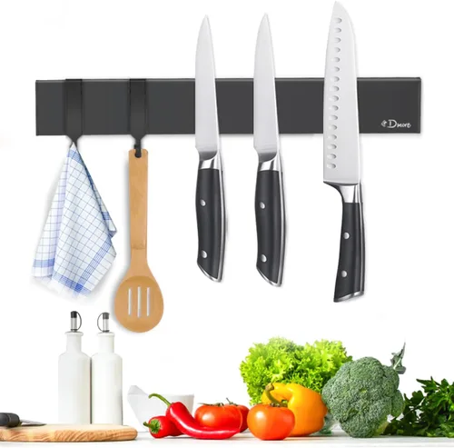 Miniatura 8 de Dmore soporte magnético para cuchillos de pared—con 4 ganchos, Sin Perforación, tira magnética negra de 23 pulgadas para cuchillos, potente estante