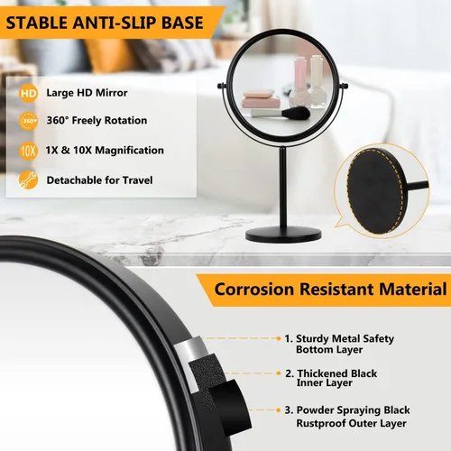 Miniatura 4 de ALHAKIN Espejo de maquillaje con aumento de 10x, espejo de mesa de 8 pulgadas de doble cara con aumento, espejo de maquillaje giratorio para baño