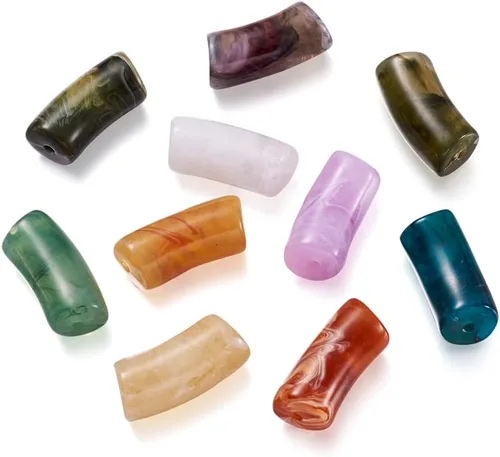 Miniatura 2 de 40 cuentas de tubo de imitación de piedras preciosas acrílicas, coloridas cuentas curvas acrílicas opacas gruesas con cuentas de disco espaciador
