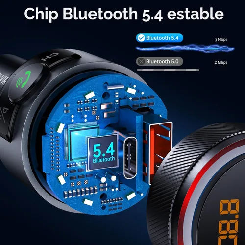 Miniatura 2 de Syncwire Transmisor FM Bluetooth 5.4 para coche, 38 W PD y QC3.0 Dual USB Carga Bluetooth Adaptador de coche Micrófono y sonido de graves MP3 Negro