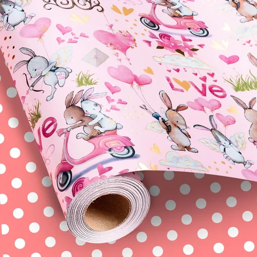 Miniatura 13 de Yarcony Papel de regalo reversible de boda, papel de regalo con temática de corazón, estampado creativo de amor y lazo, envoltura de regalo