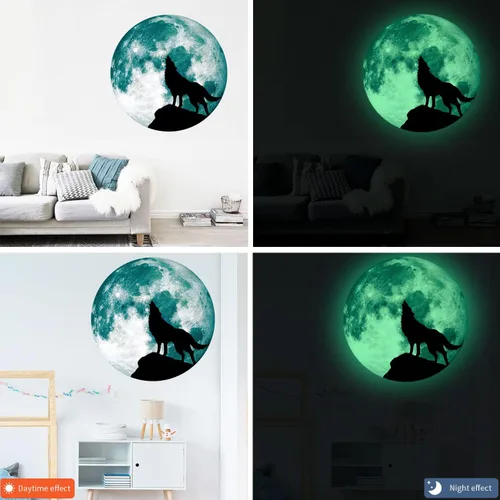 Miniatura 4 de Calcomanía creativa de pared de luna luminosa, diseño de lobo que brilla en la oscuridad, adhesivo de pared de PVC extraíble impermeable