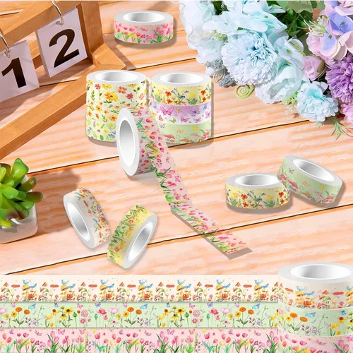 Miniatura 9 de Adirasenotek Juego de 12 rollos de cinta washi floral, diseño de flores de mariposa, calcomanías decorativas de papel decorativo, manualidades