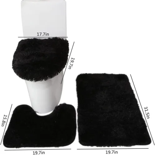 Miniatura 2 de BXEBUI Juego de alfombras de baño de microfibra de 3 piezas, tapete de contorno antideslizante, cubierta para tapa de inodoro y tapete de baño, Negro