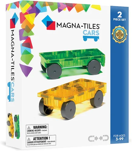 MAGNA-TILES Coches – Juego de Construcción Magnético de 2 Piezas en Verde y Amarillo, La MARCA ORIGINAL de Construcción Magnética
