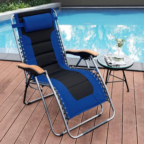 Miniatura 8 de Goplus Sillón plegable de gravedad cero, silla de patio reclinable acolchada de gran tamaño con reposabrazos de haya y almohada para la cabeza