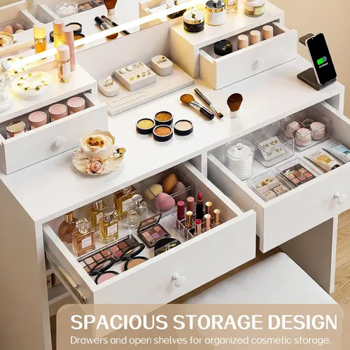 Miniatura 5 de FUXA Escritorio de maquillaje con espejo LED y estación de carga, juego de mesa de tocador con cajón de almacenamiento y silla para dormitorio