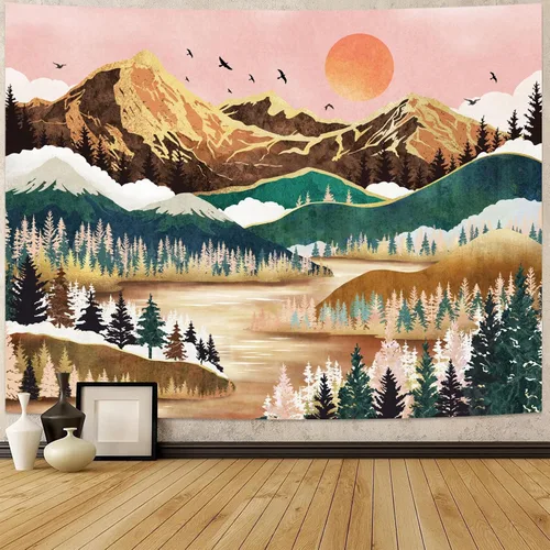 Miniatura 11 de Neasow Tapiz de luna de montaña, bosque natural, árbol, lago, paisaje, estrellas, noche estrellada, decoración de pared azul azulado para el hogar