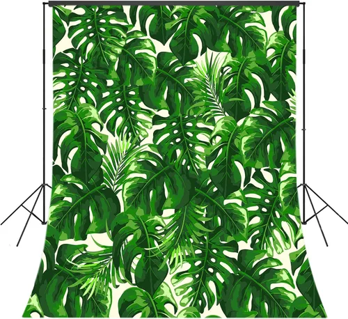 Fondo de fotografía de plantas de hojas verdes primaverales de 3 x 5 pies, Monstera y hoja de palma sobre fondo beige para fotografía, fondo de