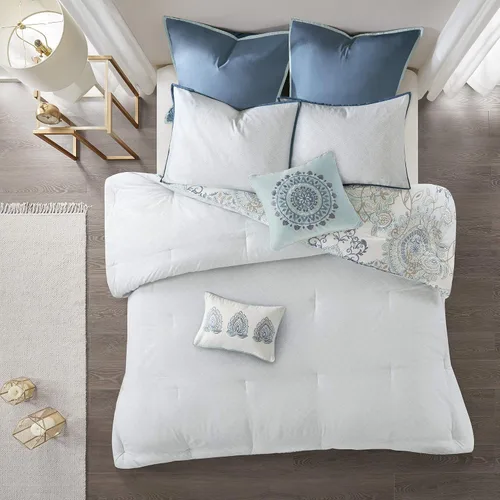 Miniatura 4 de Madison Park Juego de temporada, falda de cama a juego, almohadas decorativas, Queen (90 x 90 pulgadas), Isla, medallón floral azul, 8 piezas