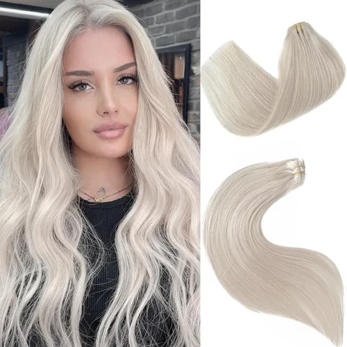 Extensiones de cabello humano real con clip, color blanco hielo, extensiones de cabello humano Remy con clip, 18 pulgadas, 7 piezas, 2.47 oz