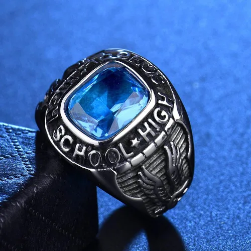Miniatura 3 de MASOP Los hombres de la escuela secundaria azul cielo anillos joyería de acero inoxidable tono plata tamaño 8-15