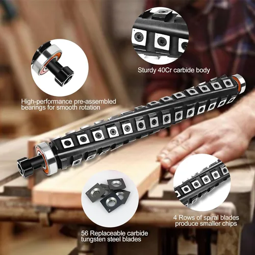 Miniatura 3 de Cabezal de corte helicoidal en espiral de 13 pulgadas para cepilladora de grosor DeWalt DW735 DW735X con 4 filas, 56 insertos de carburo y cojinete