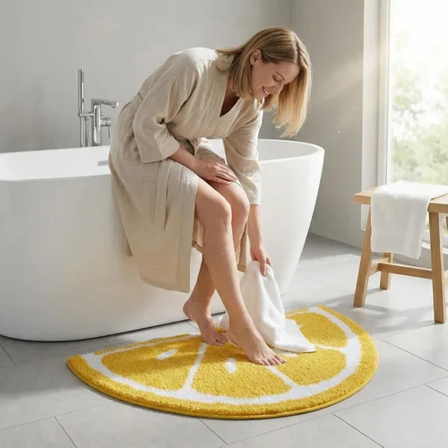 Miniatura 5 de Alfombra de baño de microfibra suave con forma de limón semicircular, alfombra de baño antideslizante para cocina, dormitorio, ducha de goma