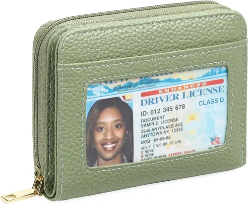 Miniatura 13 de GOIACII Cartera con tarjetero RFID para mujer, pequeña cartera de piel auténtica con 2 cremalleras