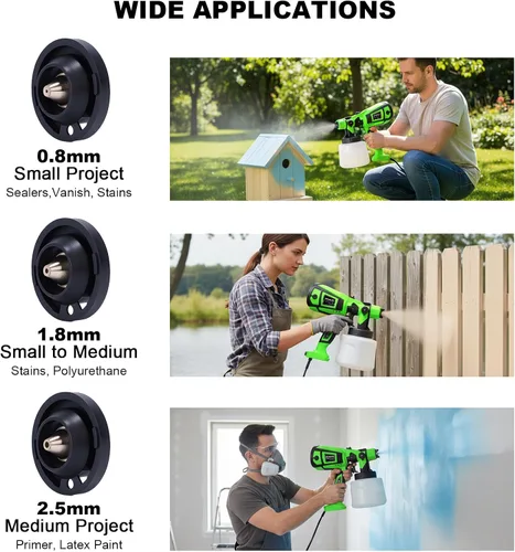Miniatura 7 de Pulverizador de pintura, pistola eléctrica HVLP de 800 W con juntas de limpieza/soplado, 3 boquillas de 3 patrones y recipiente de 47.3 fl oz