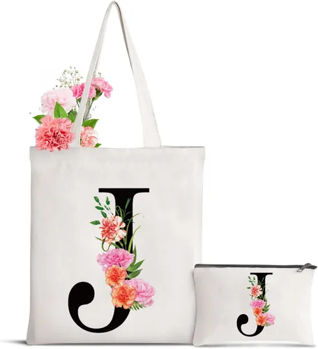 Miniatura 29 de Bolsa de lona con letra inicial personalizada, regalo para el día de la madre, damas de honor, novia, cumpleaños, boda Flower-D