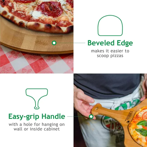 Miniatura 5 de Pala de madera de bambú prémium para pizza y tabla de cortar con mango (para hornear pizza, pan, cortar frutas, verduras, queso) – Tamaño personal
