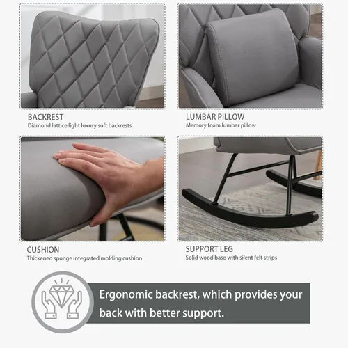 Miniatura 5 de Moderna mecedora tapizada con otomana – Planeador de respaldo alto para guardería, sala de estar o dormitorio – Cómodo sillón con soporte lumbar