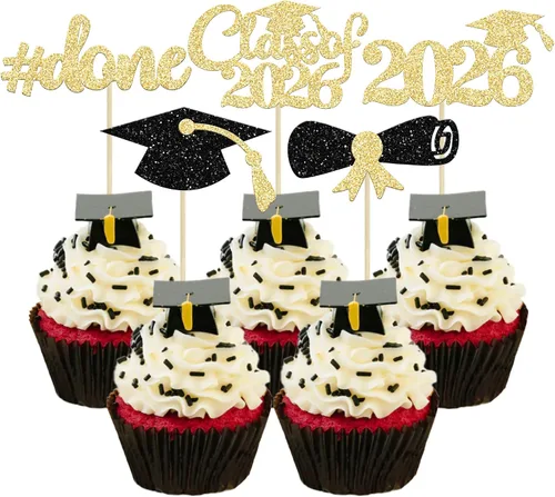 Miniatura 16 de Gyufise 24 piezas Adornos para pastel de graduación 2026 con purpurina negra, clase de 2026, adornos para magdalenas con gorra de graduación