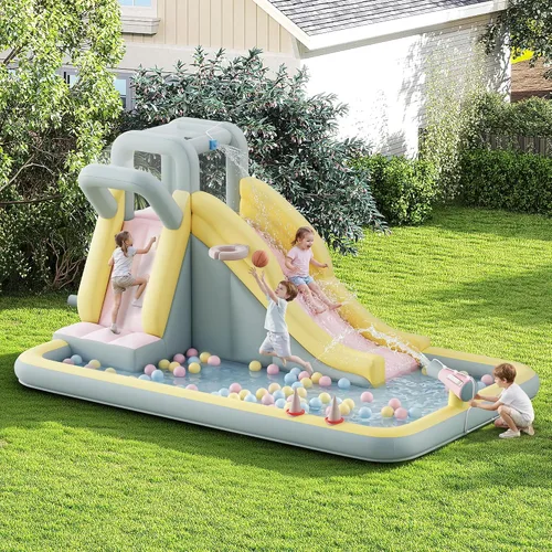 Miniatura 10 de Albott Casa inflable de rebote, tobogán acuático con zona de salto, pared de escalada y piscina de chapoteo, puente interior y exterior para niños