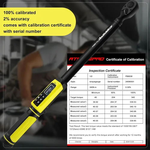Miniatura 2 de ATsafepro Llave Dinamométrica Digital - Impulsor de 1/2 Pulgada y 5.1-340Nm (3.8-250.8 ft-lb), Llave Dinamométrica de Servicio Pesado con Zumbador