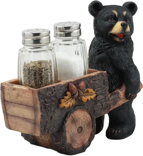 Miniatura 5 de Ebros Woodlands Spice Delivery Black Bear Pushing Vintage Wagon Carro Salero y Pimentero Juego de figuritas de bosque Rocky Mountain Bears Cabaña