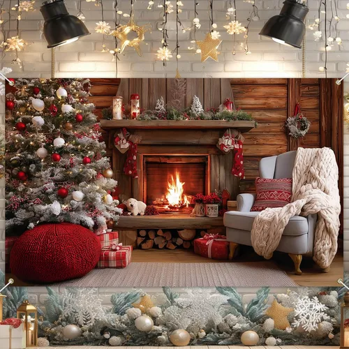 HOMETITUTE Cartel navideño para chimenea de 71 x 43 pulgadas, acogedor telón de fondo navideño con adornos para árbol de Navidad, fondo cálido fuego