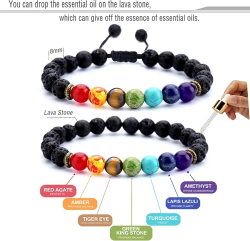 Miniatura 2 de Hamoery Brazalete para hombre y mujer de 516 de pulgada 8 mm piedra de lava 7 chakras para aromaterapia difusor de aceite esencial cuerda trenzada