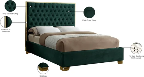 Miniatura 8 de Meridian Furniture Colección Lana Modern Cama tapizada de terciopelo contemporáneo con acolchado profundo detallado y patas doradas, tamaño Verde