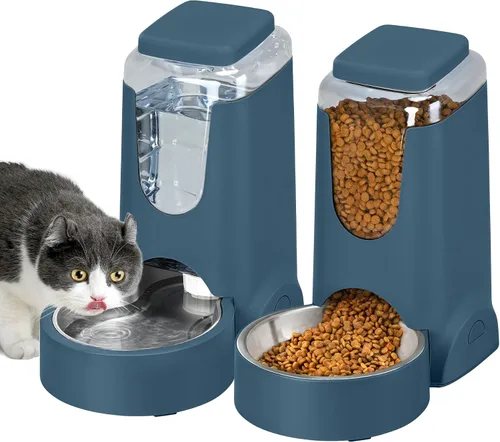 Miniatura 8 de Paquete de 2 alimentadores automáticos para gatos y dispensador de agua de acero inoxidable, juego de bebedero para perros por gravedad, juego