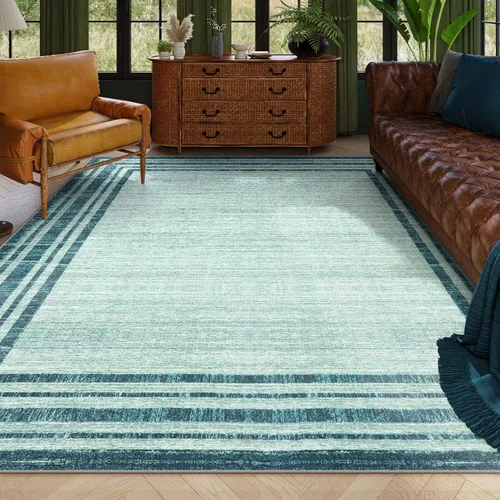 Miniatura 105 de Alfombra de pasillo moderna abstracta Lahome, alfombra lavable turquesa de 2 x 6 pulgadas para entrada, alfombra antideslizante de bajo pelo