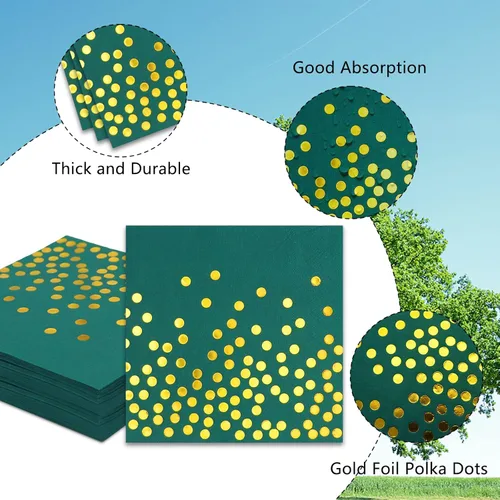 Miniatura 4 de Paquete de 100 servilletas desechables de cóctel verdes, servilletas de papel verde y dorado para boda, cumpleaños, aniversario, graduación