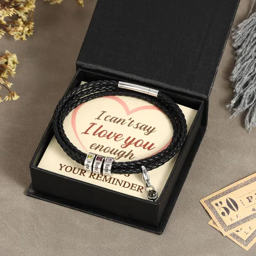 Miniatura 9 de Pulsera personalizada para el Día del Padre para hombre, pulseras personalizadas de cuero trenzado negro con cuentas grabadas de 1 a 8 nombres