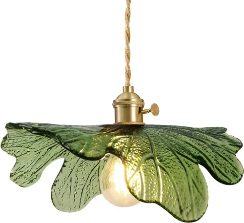 Lámpara colgante colgante de 1 luz, lámparas colgantes de latón dorado, pantalla de vidrio de flores verdes, iluminación colgante moderna para