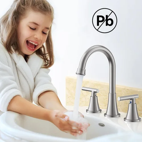 Miniatura 7 de Grifos de Baño para Lavabo de 3 Orificios, Hurran Grifo de Lavabo de Baño de Níquel Cepillado con Desagüe Pop-up y Líneas de Suministro, Grifo