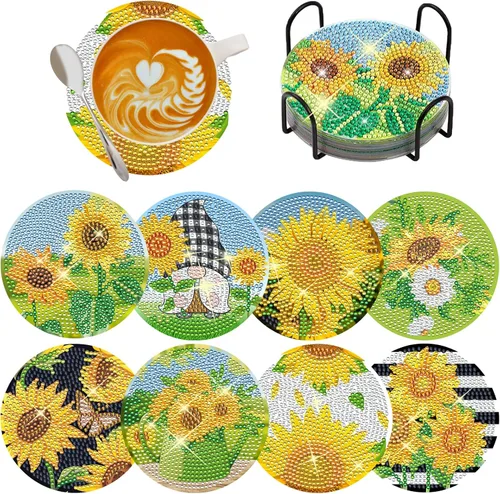 TDOOW 8 Piezas Posavasos de Pintura de Diamante, Posavasos de Arte de Diamante de Girasol para Adultos DIY Posavasos de Arte de Diamante para