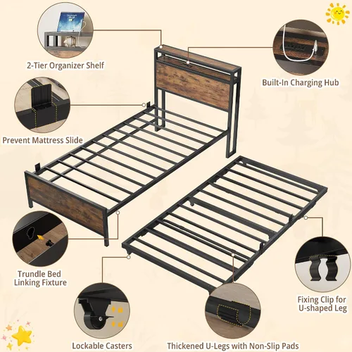 Miniatura 5 de IRONCK Sofá cama individual con nido, marco de cama de metal resistente con cabecera de almacenamiento y estación de carga, cama nido desplegable